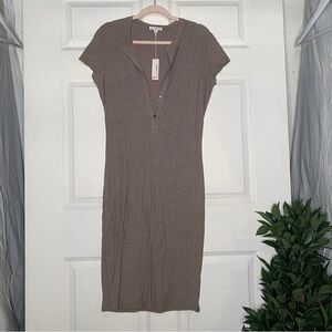 James Perse Henley Cap Sleeve Plunge Midi Dress Heather Beige Small Size 1 NWT